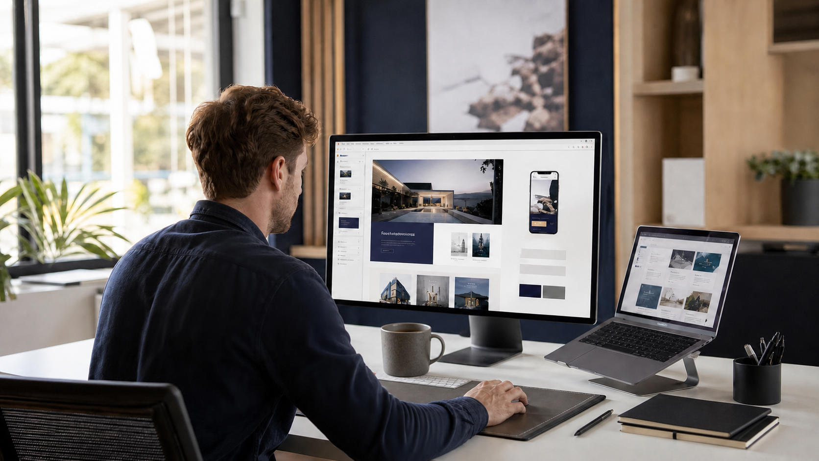 Web designer working on a responsive business website in a modern studio
